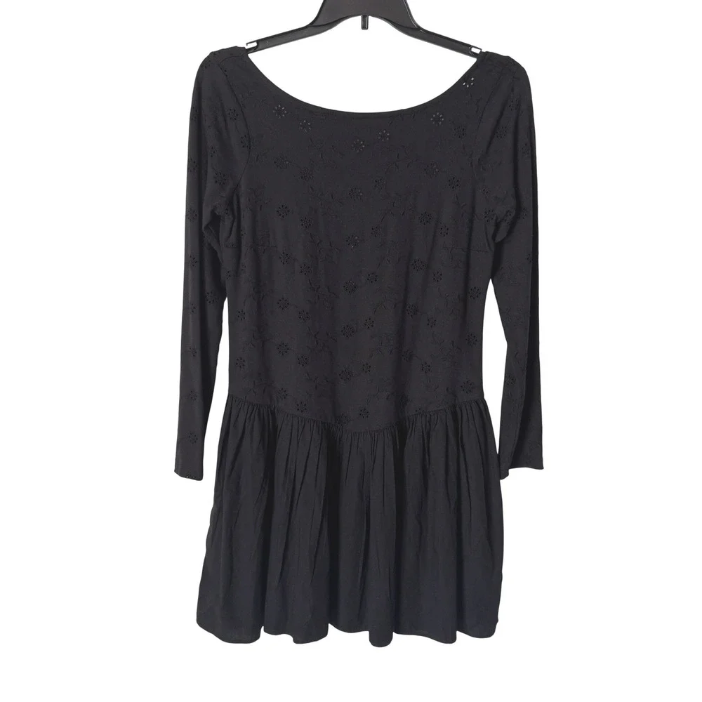Free People Black Eyelet Long Sleeve Scoop Back Surley Mini Dress Size M